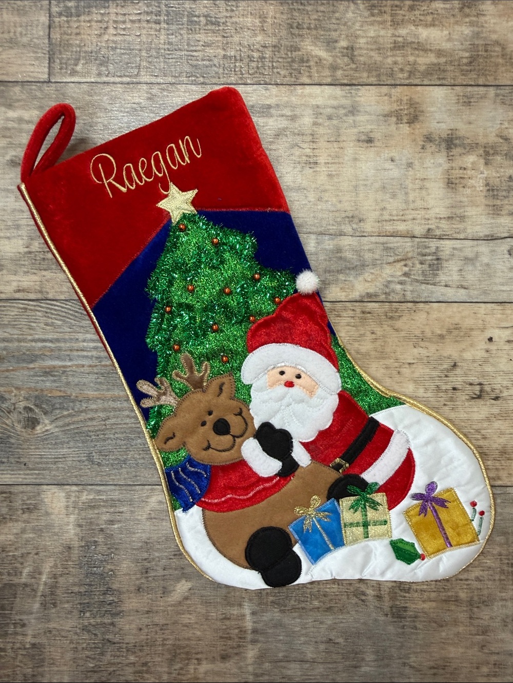 NWOT Kurt Adler Velour Santa Reindeer Christmas Stockin PERSONALIZED WITH RAEGAN